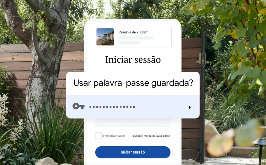 Uma página de início de sessão para uma reserva de viagem pede para usar uma palavra-passe guardada. No fundo, está uma paisagem de natureza.